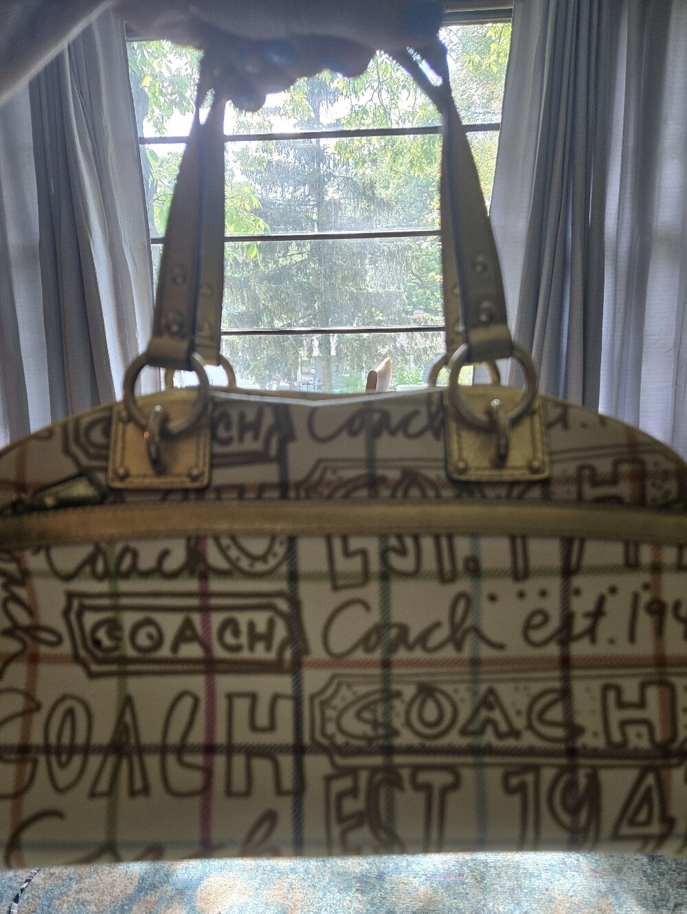 Vintage F13186 Coach Cream Satchel with Gold Trim and Multicolor Script - Picture 4 of 16